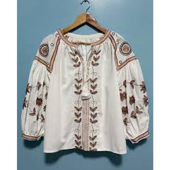 Anthropologie RD & Koko Embroidered Jacket Cream Brown Small - Picture 2 of 7